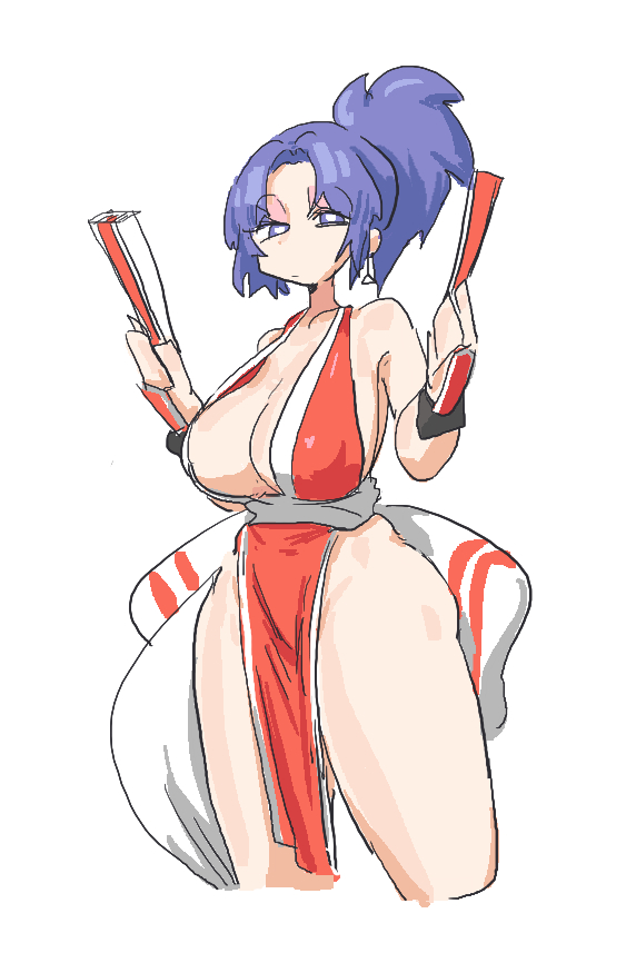 1girl blue_eyes blue_hair breasts earrings folded_fan folding_fan hand_fan holding holding_fan huge_breasts japanese_clothes jewelry large_breasts leebo_(leeboxxx) leona_heidern pelvic_curtain ponytail revealing_clothes shiranui_mai simple_background solo the_king_of_fighters white_background