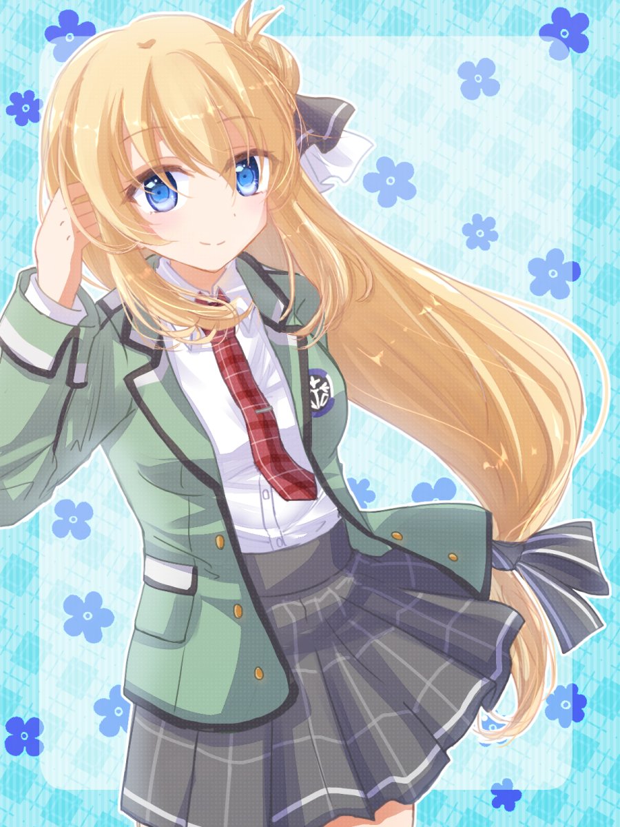 1girl agnes_claudel aramis_high_school_uniform black_skirt blonde_hair blue_border blue_eyes border buttons closed_mouth commentary_request eiyuu_densetsu floral_background green_jacket hair_bun highres jacket kuro_no_kiseki long_hair necktie o11430 open_clothes open_jacket outside_border plaid plaid_necktie plaid_skirt red_necktie school_uniform single_hair_bun skirt smile standing