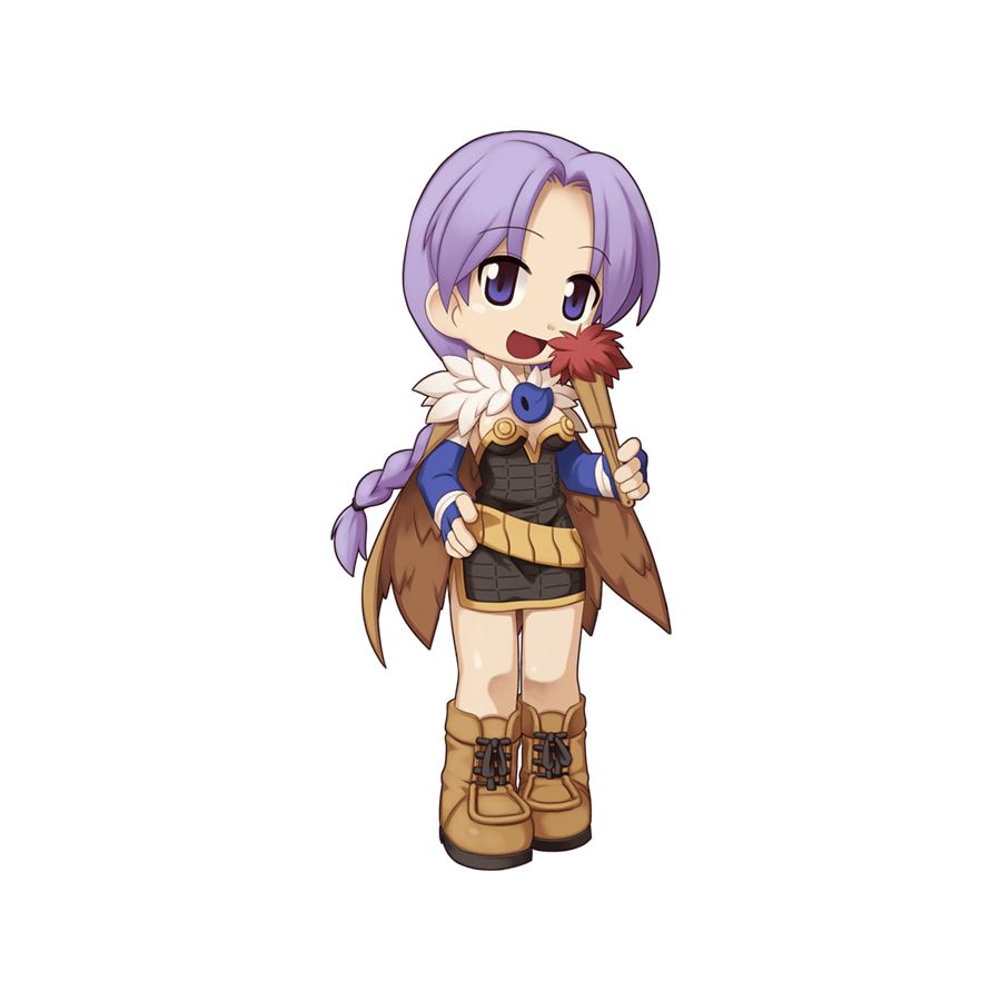 1girl :d alchemist_(ragnarok_online) black_dress blue_gloves boots braid braided_ponytail breasts brown_cape brown_footwear cape chibi cross-laced_footwear dress elbow_gloves fingerless_gloves full_body fur_collar gloves hand_fan hand_on_own_hip hand_up holding holding_fan long_hair looking_at_viewer magatama medium_bangs medium_breasts official_art open_mouth parted_bangs purple_eyes purple_hair ragnarok_online short_dress simple_background smile solo staff standing strapless strapless_dress tachi-e transparent_background yuichirou