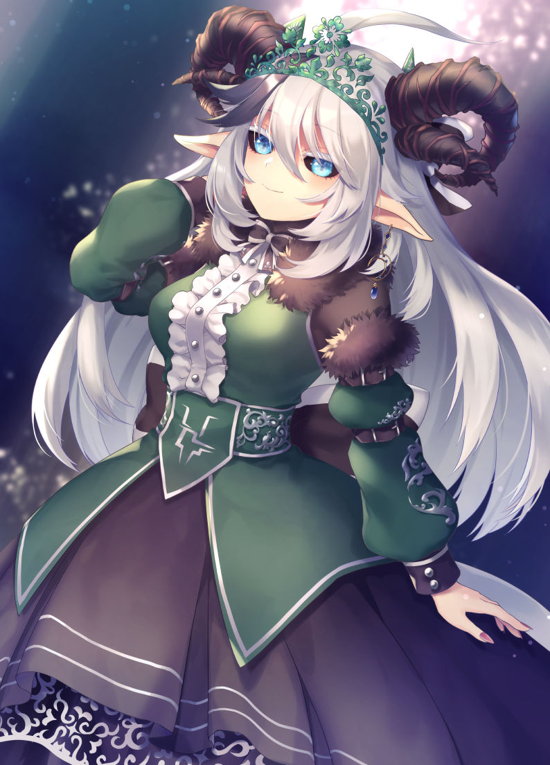 1girl ahoge arm_belt back_bow black_sclera black_skirt blue_eyes bow breasts center_frills character_request closed_mouth colored_sclera crescent crescent_earrings dress earrings frills fur_collar green_dress green_sleeves grey_hair hair_between_eyes horns jewelry long_hair multiple_horns pointy_ears purple_nails skirt solo tiara tomobe_kinuko vrchat