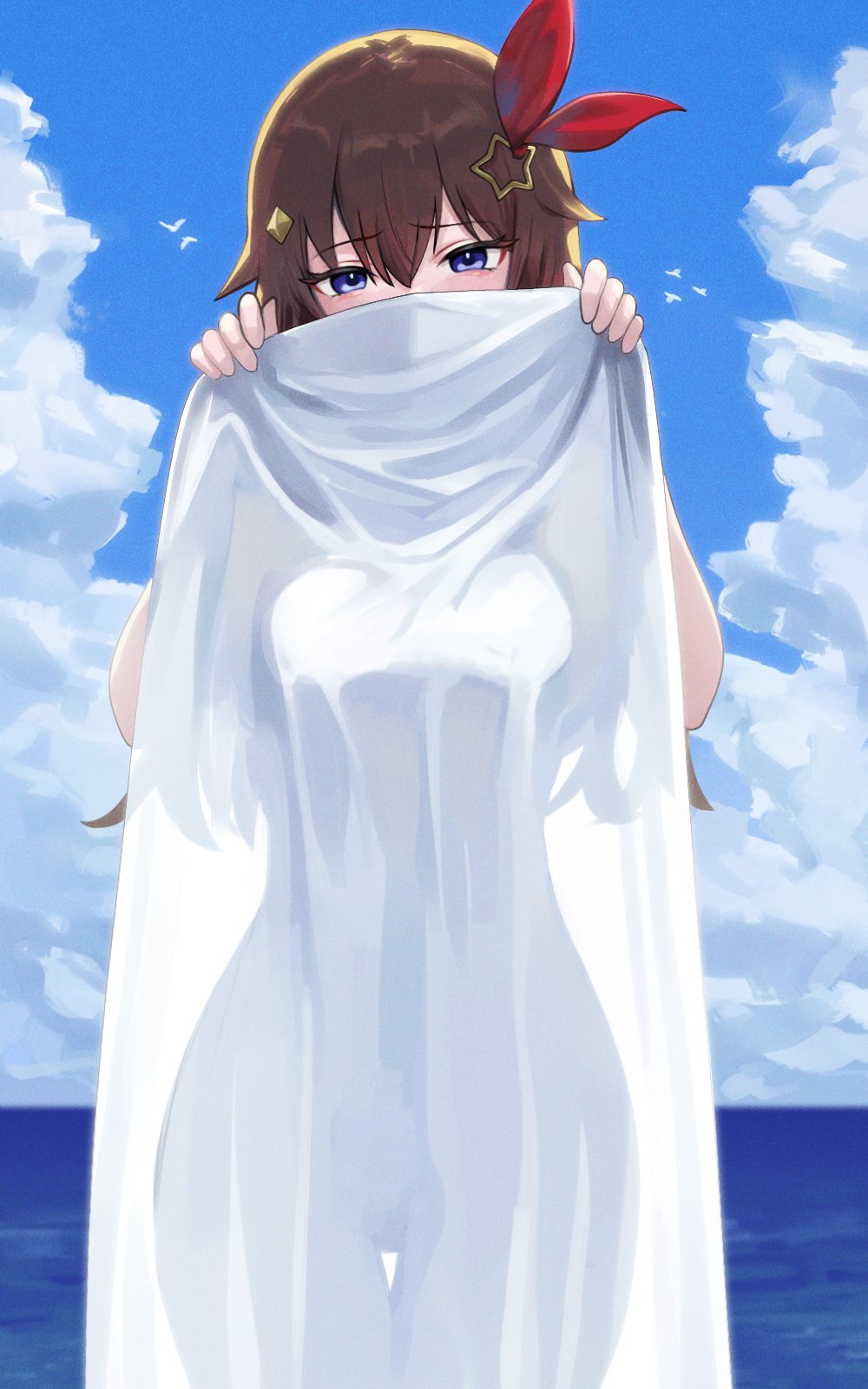 1girl bed_sheet blue_eyes blue_sky blush bow breasts brown_hair cloud cloudy_sky covering_own_mouth cowboy_shot dalcom day hair_between_eyes hair_bow hair_ornament head_tilt highres holding holding_sheet hololive horizon large_breasts legs_together long_hair looking_at_viewer naked_sheet nose_blush ocean outdoors red_bow sidelocks silhouette simple_bird sky solo star_(symbol) star_hair_ornament straight-on thigh_gap thighs tokino_sora virtual_youtuber wide_hips