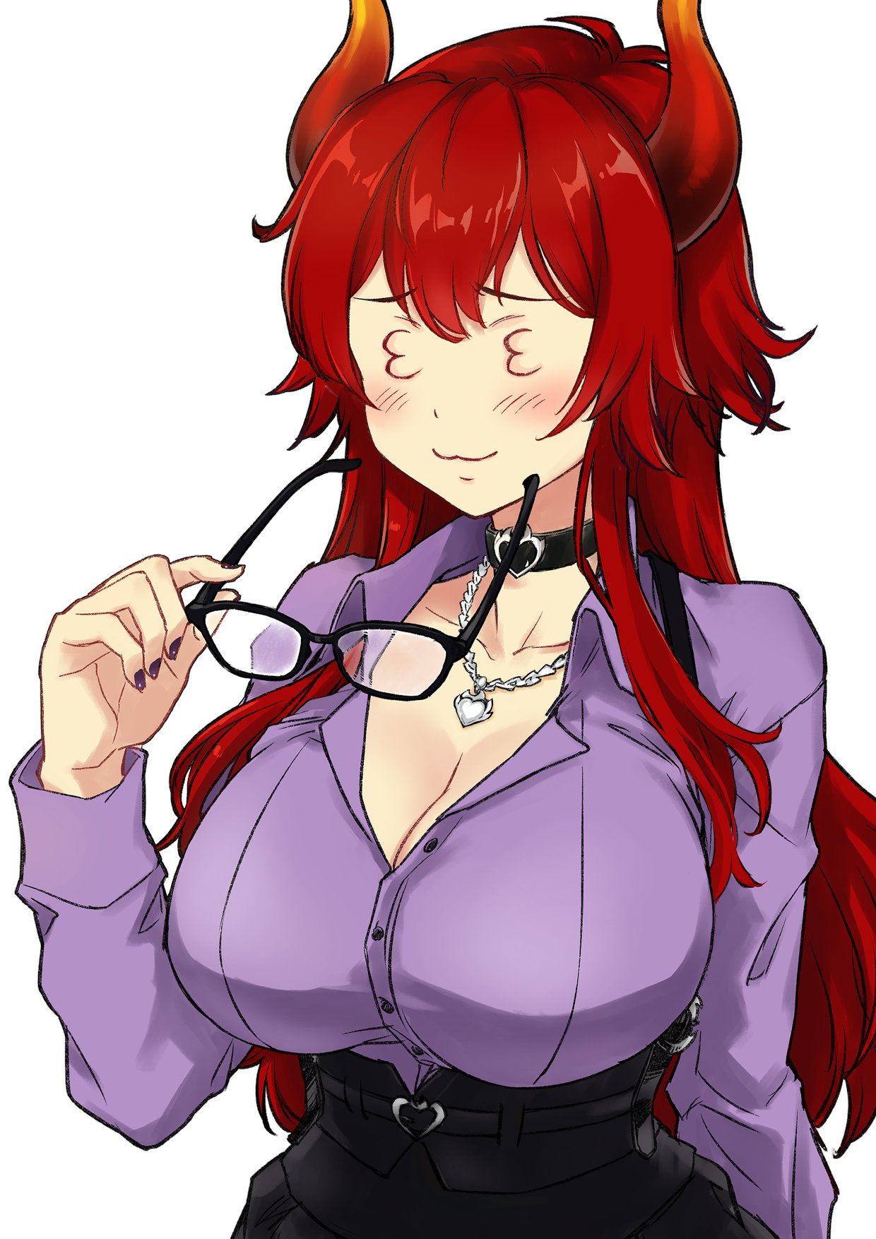 1girl 3_3 :3 black-framed_eyewear black_choker black_skirt blush breasts choker cleavage closed_mouth collar commentary dola_(7th_costume)_(nijisanji) dola_(nijisanji) dragon_horns fingernails glasses gradient_horns heart heart_choker high-waist_skirt highres holding holding_removed_eyewear horns jewelry jyaco large_breasts long_hair looking_at_viewer medium_bangs multicolored_horns necklace nijisanji orange_horns purple_nails purple_shirt red_hair red_horns shirt sidelocks simple_background skirt smile solo symbol-only_commentary unworn_eyewear upper_body virtual_youtuber white_background