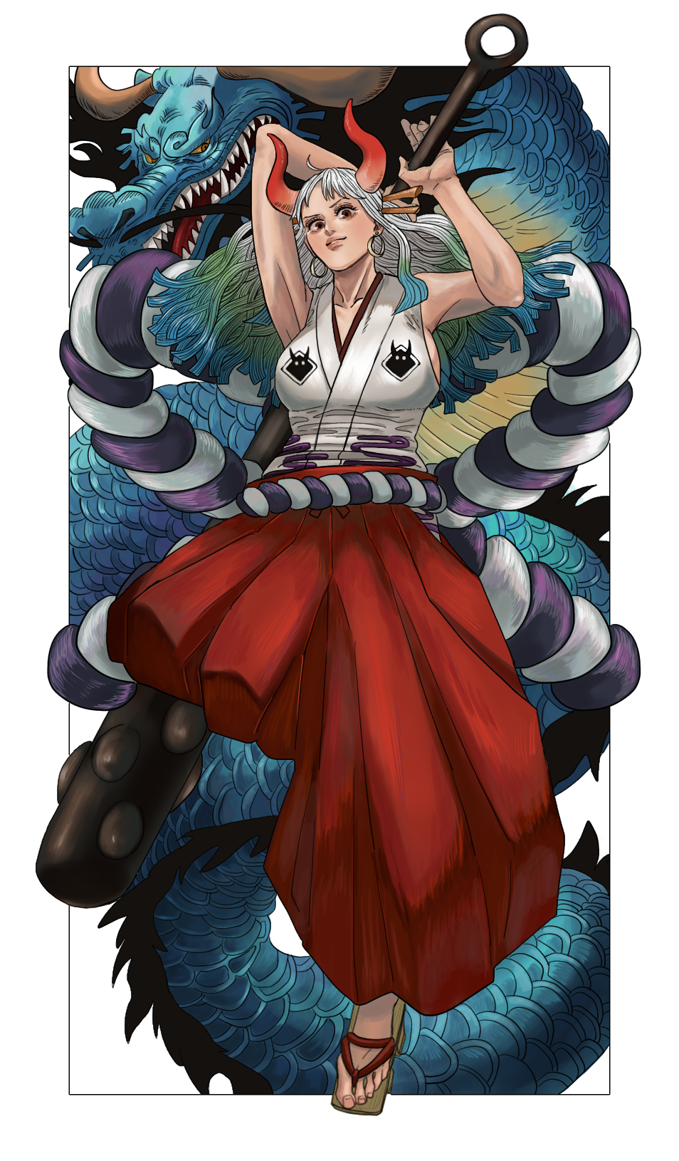 1boy 1girl arms_up blue_hair blunt_ends border club_(weapon) dragon earrings father_and_daughter full_body geta green_hair hair_ornament hakama highres holding holding_weapon horns japanese_clothes jewelry kaidou_(one_piece) kanabou kimono looking_at_viewer multicolored_hair obaba06 one_piece rectangle red_hakama red_horns rope sharp_teeth shimenawa sidelocks sleeveless sleeveless_kimono teeth thick_eyebrows v-shaped_eyebrows weapon white_border white_hair white_kimono yamato_(one_piece) yellow_eyes