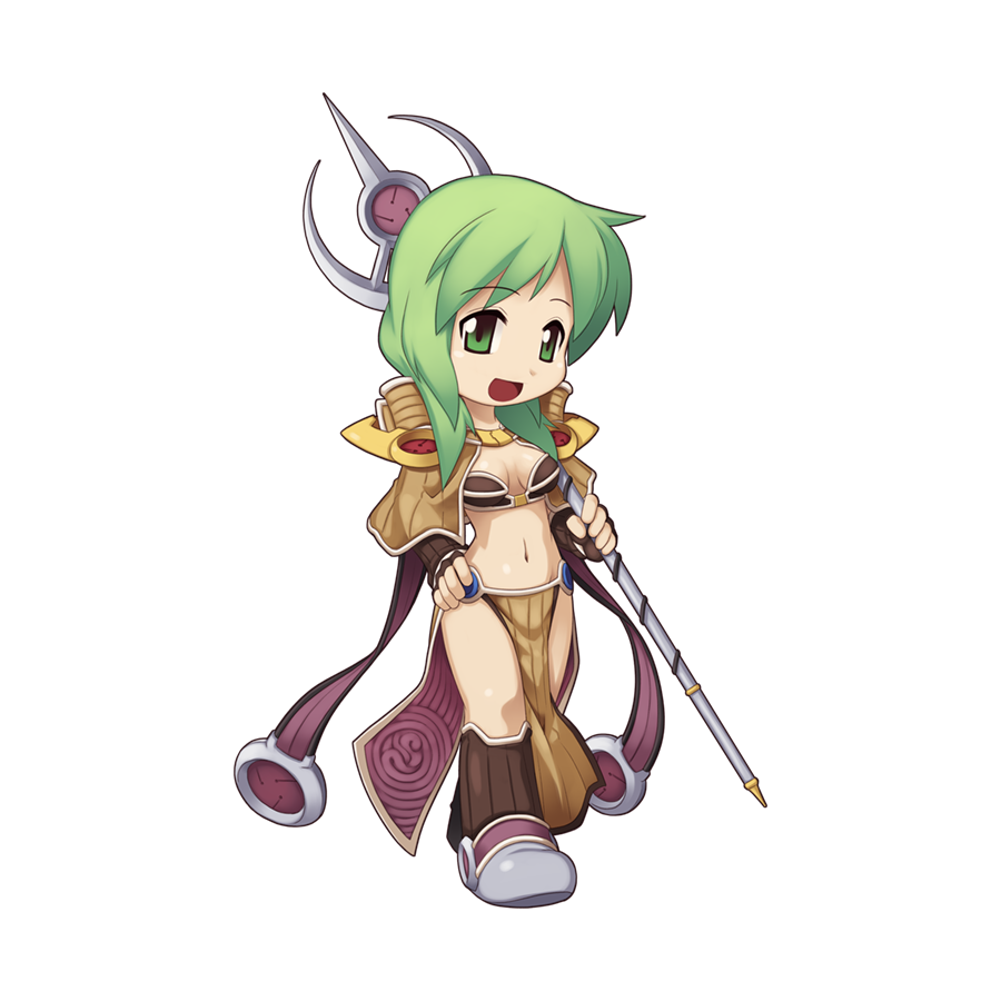 1girl :d bikini bikini_top_only boots breasts brown_bikini brown_capelet brown_footwear brown_gloves brown_skirt capelet chibi cleavage elbow_gloves fingerless_gloves full_body gloves green_eyes green_hair hair_over_shoulder hand_on_own_hip holding holding_staff jewelry loincloth long_hair looking_at_viewer medium_bangs midriff multicolored_footwear official_art open_mouth ragnarok_online sage_(ragnarok_online) showgirl_skirt simple_background skirt small_breasts smile solo staff standing swimsuit tachi-e transparent_background walking yuichirou