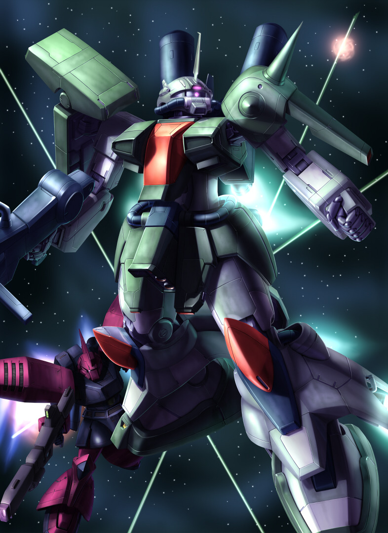 artist_request battle beam_cannon beam_rifle energy_beam energy_gun gelgoog gundam gundam_unicorn mecha mobile_suit muzzle neo_zeon official_art one-eyed promotional_art radio_antenna robot science_fiction shield shoulder_spikes space spikes starry_background thrusters weapon zaku_iii zero_gravity