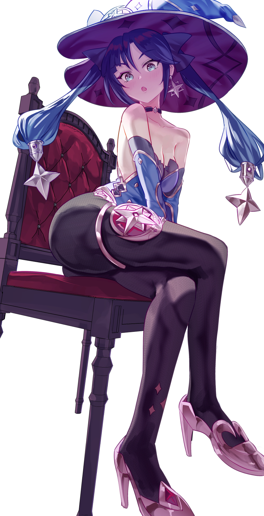 1girl bare_shoulders blue_headwear blue_leotard blush breasts brown_pantyhose chair choker cleavage crossed_legs earrings genshin_impact gold_trim hair_ribbon hat high_heels highres jewelry leotard long_hair looking_at_viewer medium_breasts mona_(genshin_impact) open_mouth pantyhose ribbon sitting solo star_(symbol) star_earrings thighlet twintails uenoryoma witch_hat