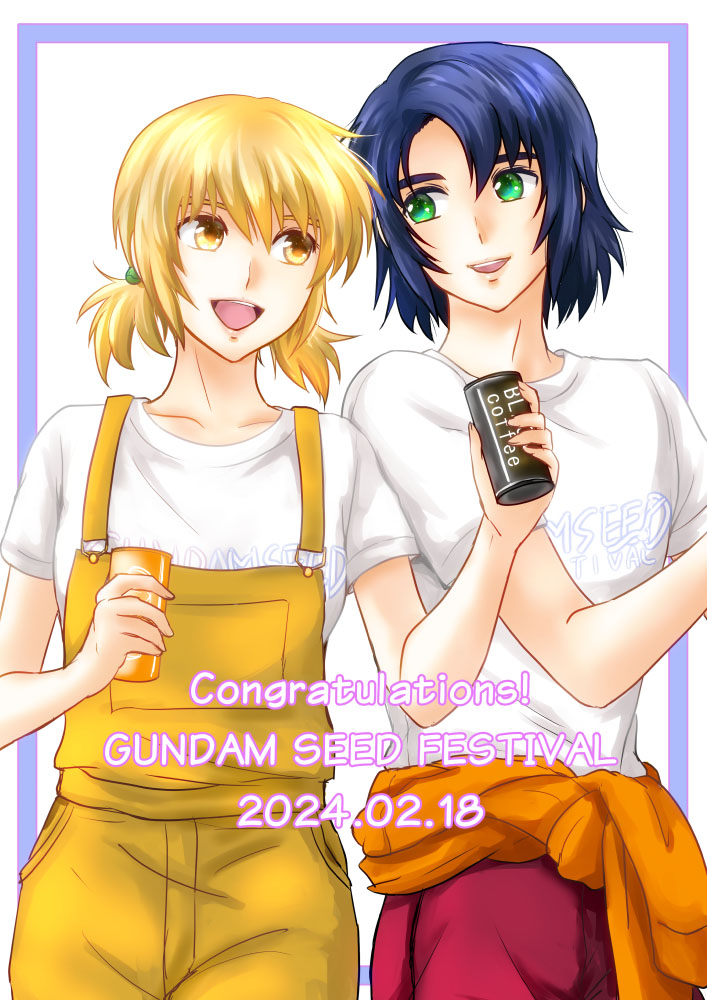 1boy 1girl athrun_zala blonde_hair blue_hair cagalli_yula_athha can clothes_around_waist copyright_name couple dated drink drink_can giving giving_food green_eyes gundam gundam_seed gundam_seed_freedom holding holding_drink official_alternate_costume official_alternate_hairstyle parubinko shirt shirt_around_waist smile white_shirt yellow_eyes yellow_overalls