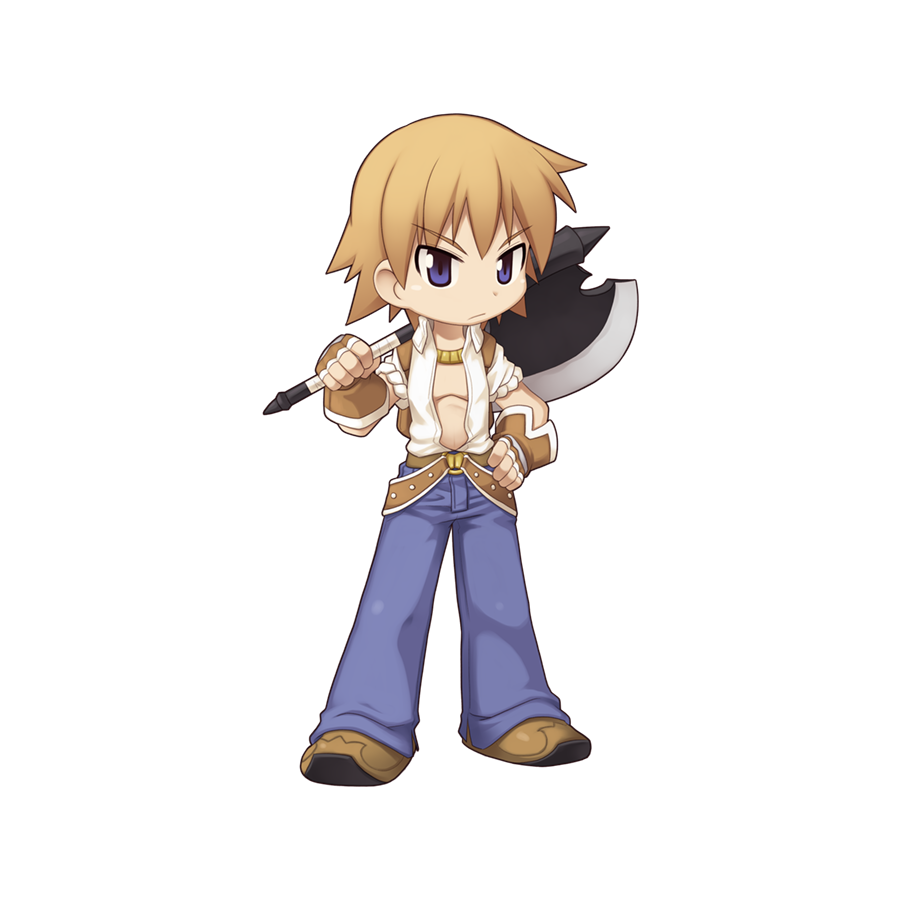 1boy :/ axe belt blacksmith_(ragnarok_online) blue_pants brown_belt brown_footwear brown_gloves chibi closed_mouth fingerless_gloves full_body gloves hand_on_own_hip holding holding_axe light_brown_hair looking_at_viewer male_focus medium_bangs official_art open_clothes open_shirt pants purple_eyes ragnarok_online shirt shoes short_hair short_sleeves simple_background solo standing tachi-e transparent_background unbuttoned unbuttoned_shirt v-shaped_eyebrows white_shirt yuichirou