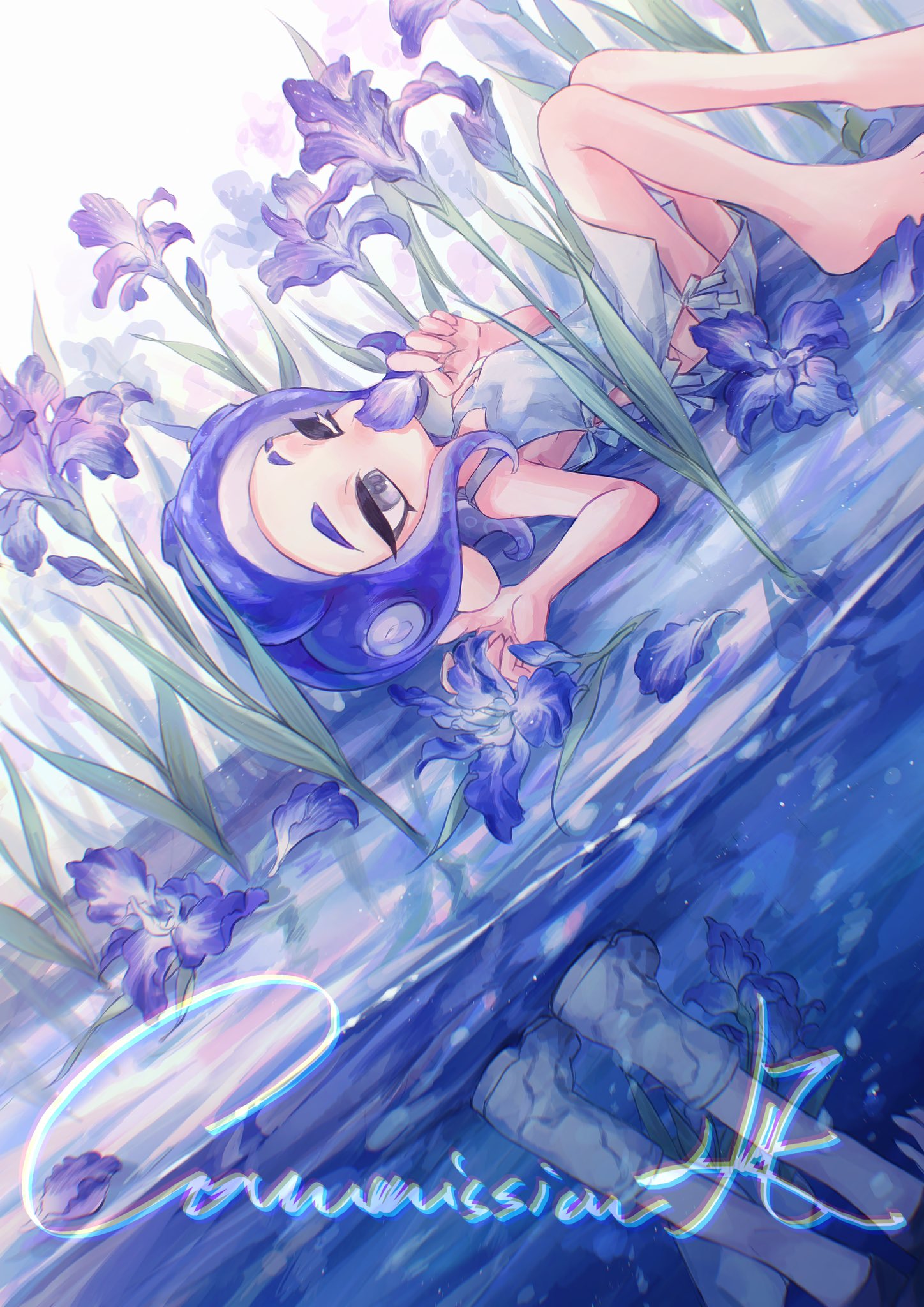 1girl 1other bare_shoulders barefoot blue_flower blue_hair boots bow chinese_commentary commission covering_own_mouth different_reflection dress dress_bow eyebrow_cut feet_out_of_frame flower grey_eyes highres holding holding_petal long_hair lying lying_on_water octoling octoling_girl octoling_player_character one_eye_closed petals reflection reflective_water side_slit sleeveless sleeveless_dress splatoon_(series) suction_cups tentacle_hair watermark white_bow white_dress white_footwear zh111111
