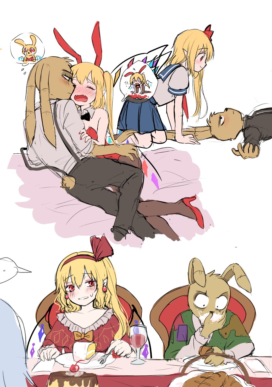 anthro blonde_hair blush breasts clothed clothing duo female five_nights_at_freddy's five_nights_at_freddy's_4 flandre_scarlet hair hi_res himuhino humanoid humor lagomorph leporid mammal manner plushtrap_(fnaf) red_eyes ribbons romantic romantic_couple scottgames short_hair touhou vampire video_games white_body wings