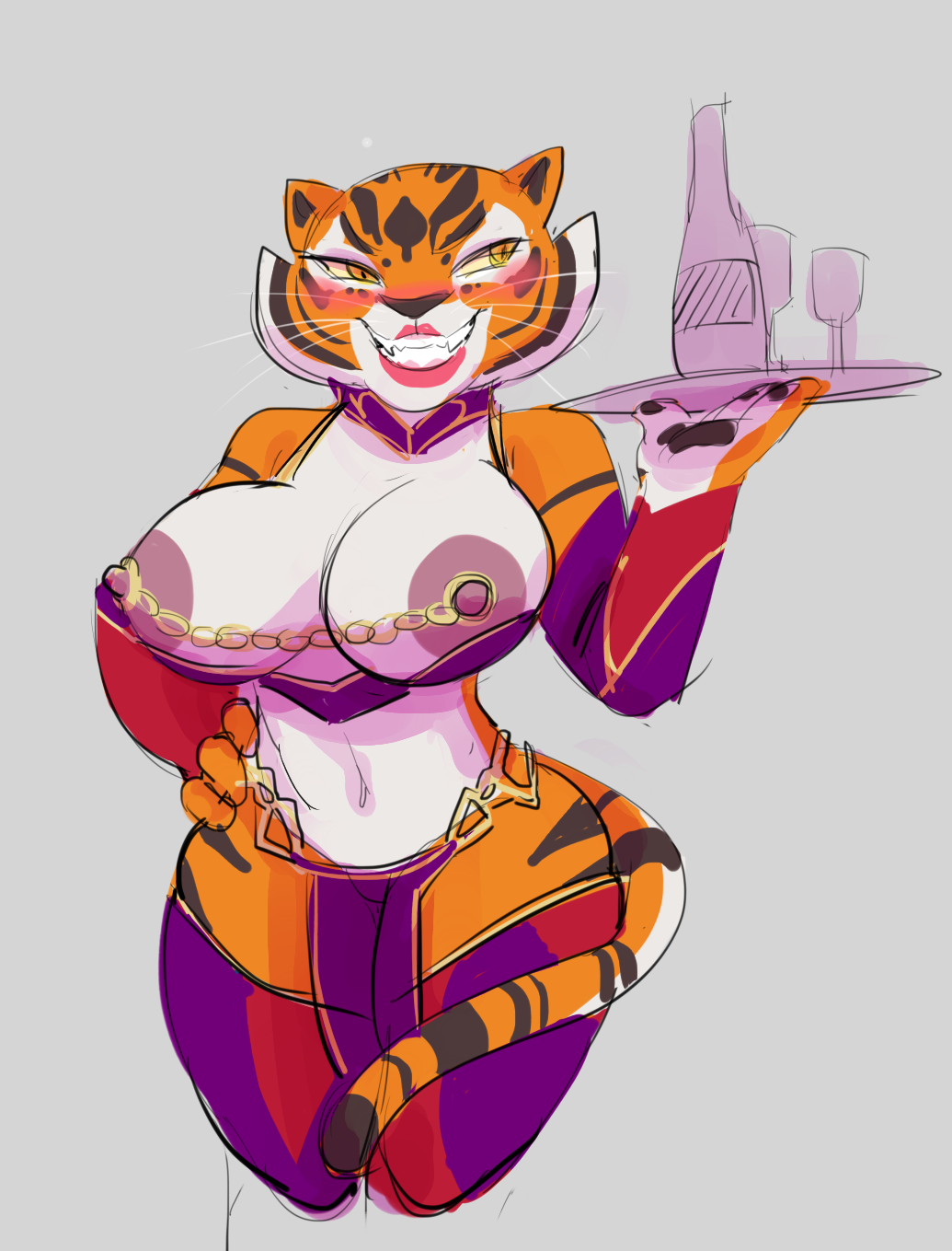 2018 4_fingers anthro areola armwear big_areola big_breasts big_nipples blush bottle bottomwear breasts cheek_tuft clothing colored_sketch container cup dbaru detached_sleeves digital_media_(artwork) dreamworks exposed_breasts facial_tuft felid female fingers fur glass glass_container glass_cup grey_background grin hand_on_hip handwear hi_res holding_object holding_plate huge_areola kung_fu_panda legwear lipstick loincloth looking_aside makeup mammal markings master_tigress multicolored_body multicolored_clothing multicolored_fur navel nipple_chain nipples orange_body orange_eyes orange_fur pantherine pink_areola pink_nipples portrait prick_ears purple_clothing red_clothing red_lipstick serving sharp_teeth shelf_bra simple_background sketch smile solo standing striped_body striped_fur striped_markings striped_tail stripes tail_markings teeth thick_thighs thigh_highs three-quarter_portrait tiger tuft two_tone_body two_tone_fur waiter whiskers white_body white_fur wide_hips