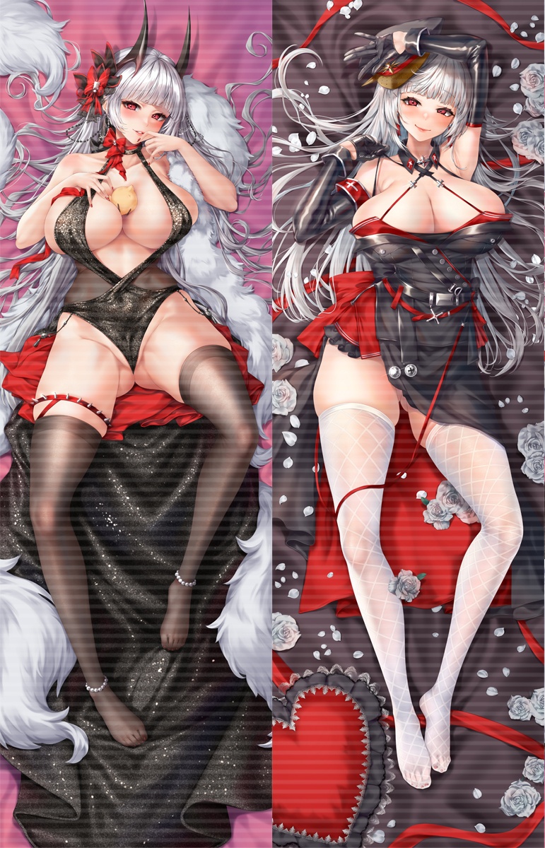 1girl azur_lane bare_shoulders black_dress black_gloves black_headwear bolatu_zhi_ji bow brown_thighhighs center_opening cocktail_dress curvy dakimakura_(medium) detached_sleeves dress evening_gown finger_to_mouth flower full_body gloves half_gloves halter_dress halterneck hat highres horns long_hair looking_at_viewer lying manjuu_(azur_lane) military_hat multiple_views nail_polish official_alternate_costume on_back peaked_cap plunging_neckline red_bow red_eyes red_nails rose skindentation sleeveless sleeveless_dress thighhighs very_long_hair white_flower white_hair white_rose white_thighhighs yorck_(azur_lane) yorck_(breaker_under_the_blood_moon)_(azur_lane)