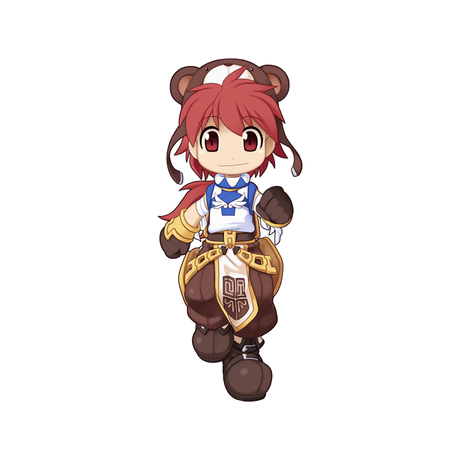 1boy bear_hat blue_shirt boots brown_footwear brown_gloves brown_pants chain chibi closed_mouth cross_print full_body gloves long_hair looking_at_viewer low_ponytail male_focus medium_bangs official_art pants ragnarok_online red_eyes red_hair scroll shirt simple_background sleeveless sleeveless_shirt smile solo super_novice_(ragnarok_online) tachi-e transparent_background turtleneck_shirt two-tone_shirt walking white_shirt yuichirou