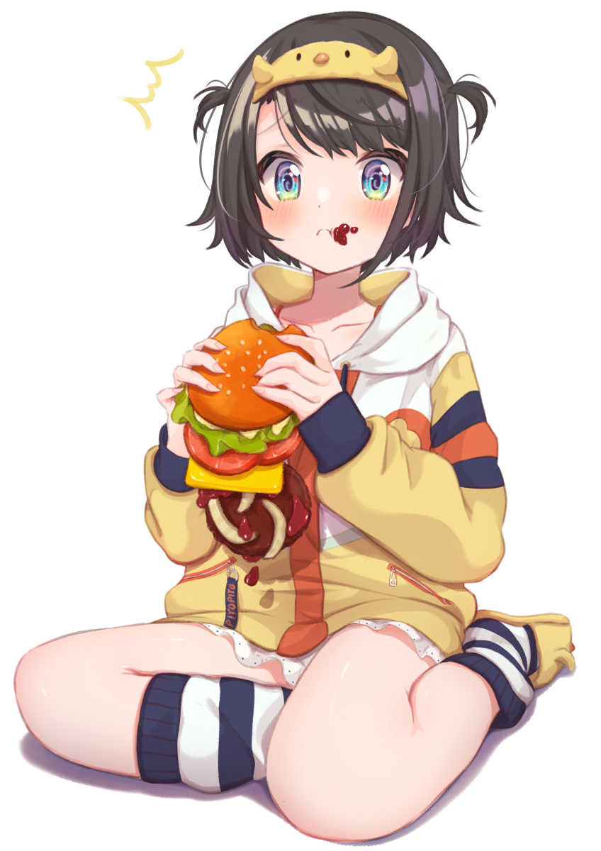 1girl :t ^^^ alternate_costume black_hair blue_eyes blush burger closed_mouth collarbone drawstring eating food food_on_face full_body hairband highres holding holding_food hololive hood hood_down hooded_jacket hoodie jacket long_sleeves looking_at_viewer multicolored_clothes multicolored_jacket official_alternate_costume official_alternate_hairstyle oozora_subaru short_hair simple_background sitting socks solo striped_clothes striped_socks suzushika_(13_96) swept_bangs thighs two_side_up virtual_youtuber white_background yellow_hairband yellow_jacket