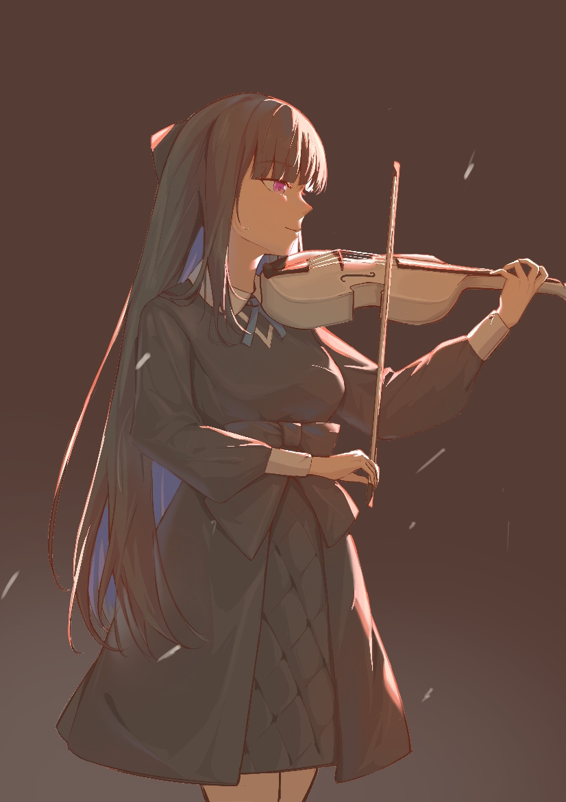 1girl black_background black_bow black_dress black_hair blue_hair bob_cut bow bow_(music) closed_mouth colored_inner_hair dress holding holding_bow_(music) holding_instrument holding_violin instrument long_hair long_sleeves multicolored_hair music playing_instrument punishing:_gray_raven purple_eyes selena_(punishing:_gray_raven) solo violin waist_bow yume_3327