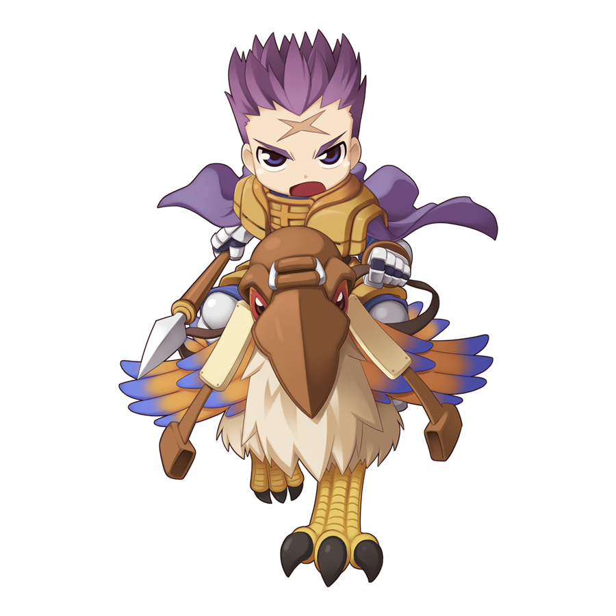 1boy armor armored_boots bird boots breastplate cape chibi cross cross_scar crusader_(ragnarok_online) full_body gauntlets holding holding_polearm holding_weapon long_sleeves looking_at_viewer male_focus official_art open_mouth pauldrons peco_peco polearm purple_cape purple_hair ragnarok_online reins riding riding_bird saddle scar scar_on_face scar_on_forehead short_hair shoulder_armor simple_background solo spear spiked_hair standing tabard tachi-e transparent_background v-shaped_eyebrows weapon yuichirou