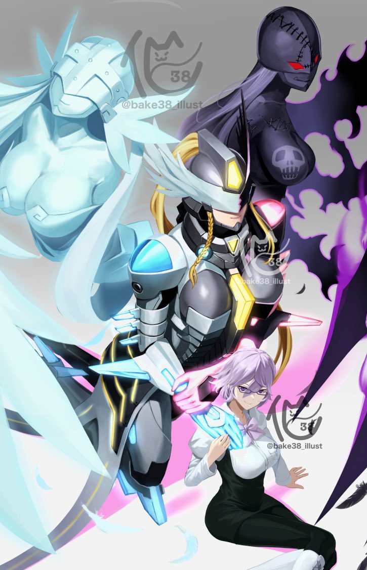 4girls angel angel_and_devil angewomon armor asymmetrical_armor asymmetrical_hair bakeneko38 black_bodysuit blonde_hair bodysuit bow bowtie braid breasts cleavage covered_eyes demon_girl digimon digimon_story:_cyber_sleuth fang glasses glowing head_wings helmet high_ponytail ladydevimon large_breasts long_hair mastemon mikagura_mirei multiple_girls purple_bow purple_bowtie purple_eyes purple_hair red_eyes shirt short_hair single_braid sitting smile watermark white_shirt wings