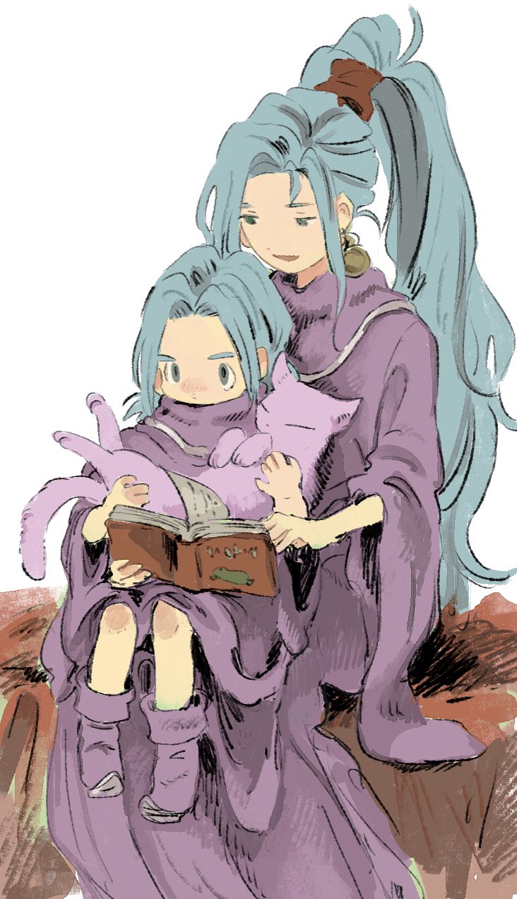 1boy 1girl animal_on_lap blue_hair book brother_and_sister cat cat_on_lap chrono_trigger dress earrings green_eyes highres janus_zeal jewelry kebe6p light_blue_hair long_hair on_lap open_mouth ponytail purple_dress reading schala_zeal short_hair siblings simple_background sitting sitting_on_lap sitting_on_person very_long_hair white_background