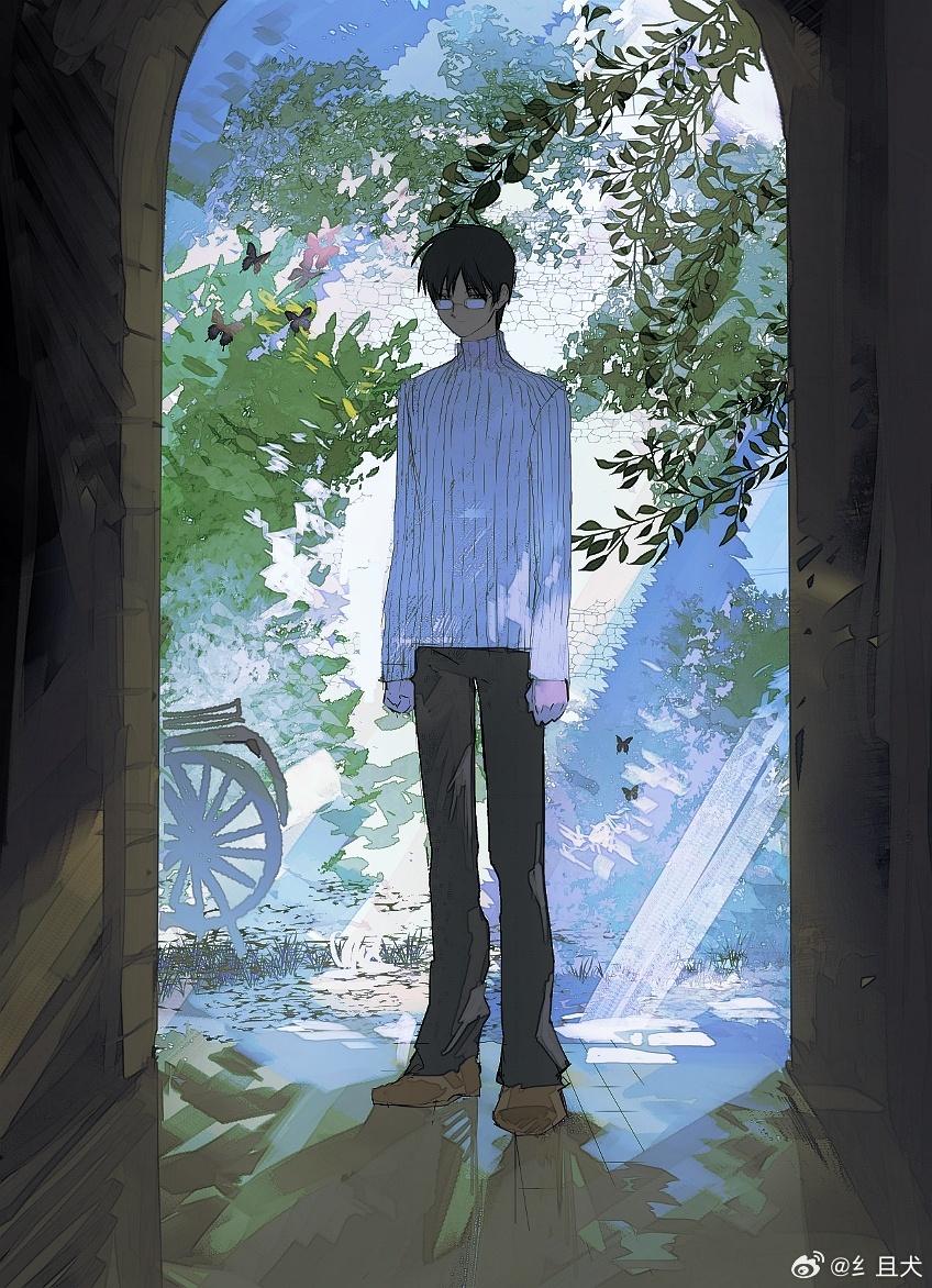 1boy black_butterfly black_hair black_pants brown_footwear bug bush butterfly chinese_commentary clenched_hands closed_mouth commentary_request denim doorway expressionless full_body glasses jeans long_sleeves male_focus original pants seika_(osbuzr) shadow shoes short_hair solo stone_wall sunlight sweater tree turtleneck turtleneck_sweater vertical-striped_sleeves vertical-striped_sweater watermark weibo_logo weibo_username wheelbarrow white_sleeves white_sweater