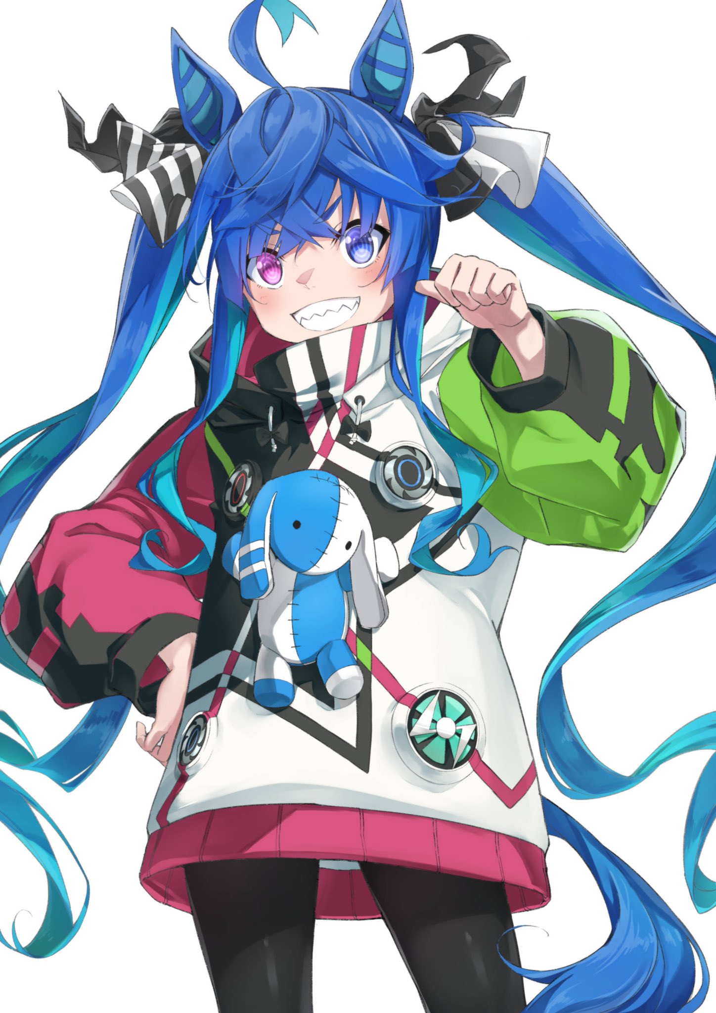 1girl @_@ ahoge animal_ears aqua_hair black_pantyhose blue_eyes blue_hair bow commentary cowboy_shot crossed_bangs drawstring grin hair_bow hand_on_own_hip hand_up heterochromia highres hood hoodie horse_ears horse_girl horse_tail long_hair long_sleeves looking_at_viewer multicolored_clothes multicolored_hair multicolored_hoodie pantyhose pointing pointing_at_self purple_eyes sharp_teeth sidelocks simple_background smile solo striped_bow stuffed_animal stuffed_rabbit stuffed_toy tail teeth thumbs_up twin_turbo_(umamusume) twintails two-tone_hair umamusume v-shaped_eyebrows very_long_hair white_background yuuki_(nijiiro_palette)