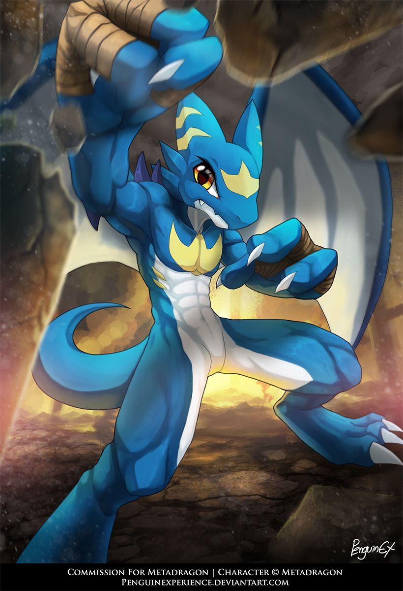 action_pose anthro blue_body blue_tail dragon fangs featureless_crotch fur hi_res looking_at_viewer male markings membrane_(anatomy) membranous_wings mouth_closed mythological_creature mythological_scalie mythology nude penguinexperience pose scalie signature solo standing tail teeth white_body white_fur white_wings wings yellow_eyes yellow_markings