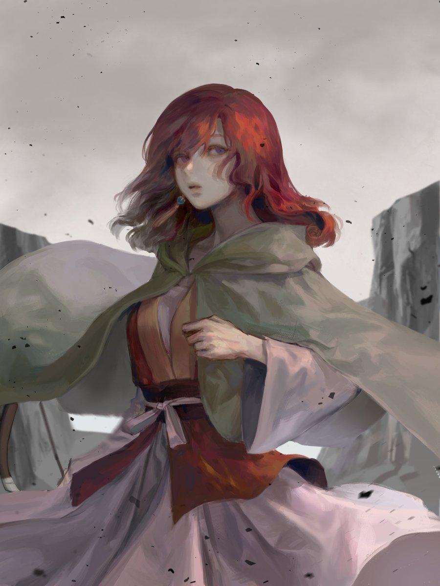 1girl akatsuki_no_yona arm_up bad_id bad_twitter_id belt cape cliff cloud cloudy_sky commentary_request dress earrings floating_clothes hair_between_eyes highres hood hooded_cape jewelry korean_commentary long_dress long_sleeves looking_to_the_side medium_hair pink_belt pink_dress purple_sash red_hair red_vest sash sky solo tassel tassel_earrings vest yona_(akatsuki_no_yona) yona_hyeon