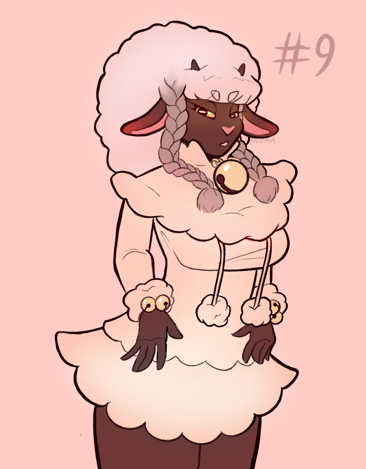 2021 anthro bell bottomwear breasts clothed clothing digital_drawing_(artwork) digital_media_(artwork) dress dressuptober female fluffy_clothing fully_clothed generation_8_pokemon hi_res horn junkedart monochrome nintendo pink_nose pokemon pokemon_(species) portrait skirt small_horn solo video_games wooloo yellow_eyes