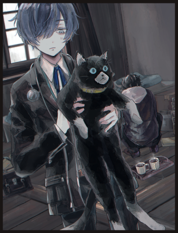 1boy 2boys amamiya_ren animal black_border black_cat black_hair blue_eyes blue_hair border cat coffee collared_shirt gekkoukan_high_school_uniform hair_over_one_eye headphones holding holding_animal holding_cat indoors light_blush looking_at_animal male_focus morgana_(persona_5) multiple_boys muted_color pale_skin persona persona_3 persona_5 school_uniform shirt short_hair squatting sumino_suito window yuuki_makoto_(persona_3)