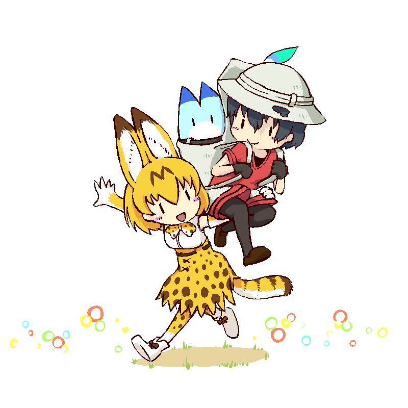 2girls animal_ears asimofu backpack bag black_hair black_pantyhose blonde_hair blush_stickers bow bowtie brown_footwear cat_ears cat_tail commentary_request elbow_gloves extra_ears full_body gloves hair_between_eyes hat hat_feather helmet high-waist_skirt holding_strap in_bag in_container kaban_(kemono_friends) kemono_friends lucky_beast_(kemono_friends) multiple_girls open_mouth orange_bow orange_bowtie pantyhose pith_helmet print_bow print_bowtie print_gloves print_skirt print_thighhighs red_shirt running serval_(kemono_friends) serval_print shirt shoes short_hair short_sleeves shorts simple_background sitting_on_arm skirt sleeveless sleeveless_shirt smile striped_tail tail thighhighs two-tone_bowtie white_background white_bow white_bowtie white_footwear white_shirt |_|