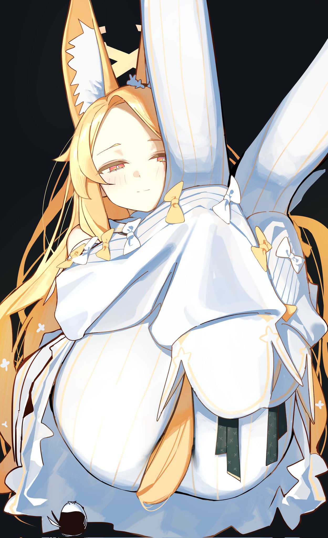 1girl animal_ear_fluff animal_ears black_background blonde-haired_boy_(sunaba_(nczd5875)) blue_archive blush closed_mouth detached_sleeves feet_out_of_frame forehead fox_ears fox_girl halo hands_under_legs highres knees_together_feet_apart long_hair long_sleeves looking_at_viewer lying on_back orange_eyes own_hands_together pantyhose parted_bangs pinstripe_thighhighs seia_(blue_archive) sidelocks simple_background sleeves_past_fingers sleeves_past_wrists smile solo syhan very_long_hair white_pantyhose white_sleeves