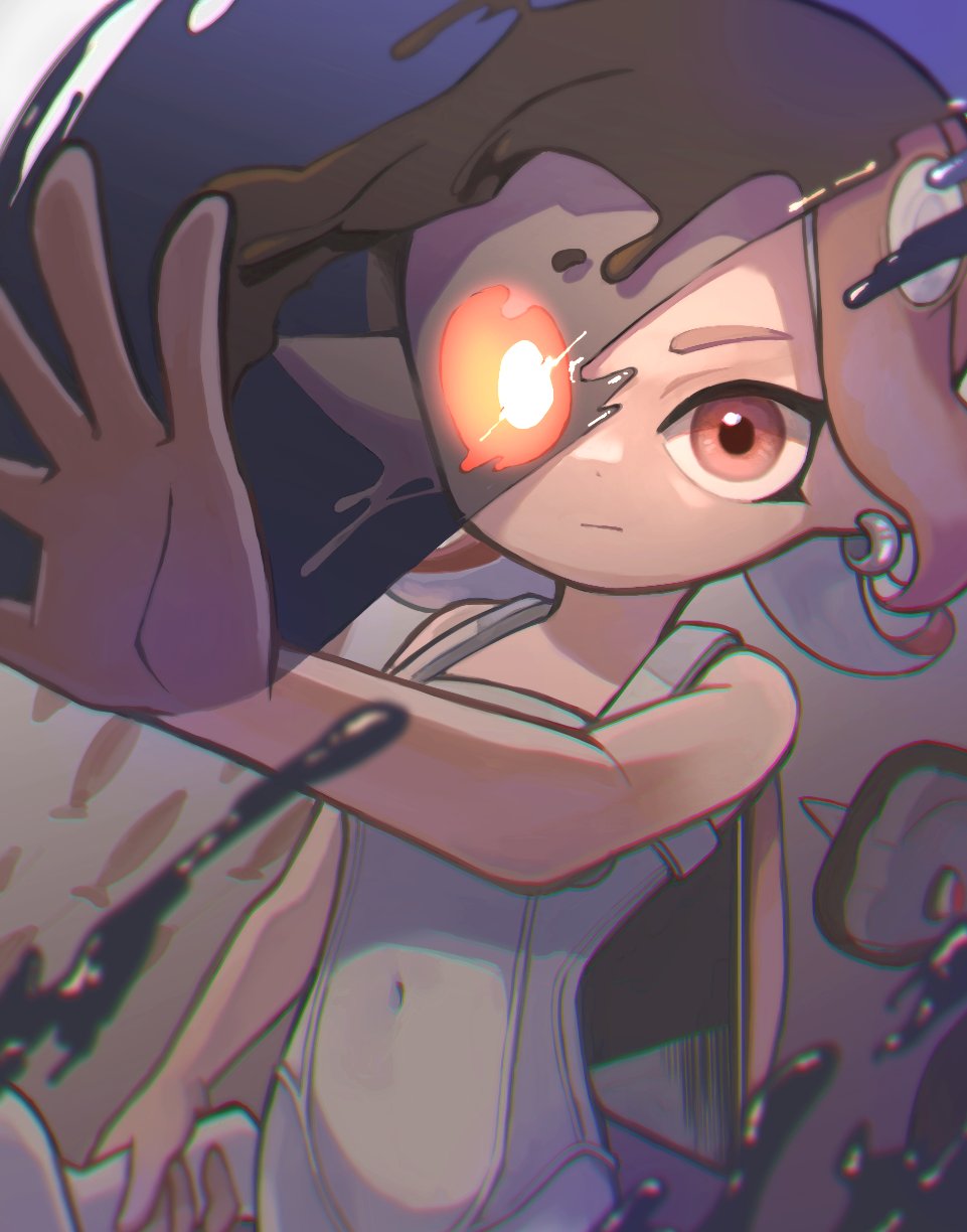 1girl agent_8_(splatoon) azkrock bodysuit brown_hair closed_mouth commentary_request covered_navel glowing glowing_eye highres holding holding_weapon ink_tank_(splatoon) marching_andante medium_hair octoling octoling_girl octoling_player_character pointy_ears red_eyes school_of_fish sleeveless sleeveless_bodysuit splatoon_(series) splatoon_3 splatoon_3:_side_order tentacle_hair weapon white_bodysuit