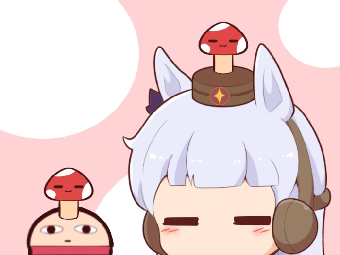 &lt;o&gt;_&lt;o&gt; :3 =_= animal_ears blush_stickers bow brown_headwear chibi closed_eyes closed_mouth ear_bow ear_covers gintama gold_ship_(umamusume) gomashio_(goma_feet) grey_hair hat horse_ears justaway mini_hat mushroom_on_head purple_bow umamusume