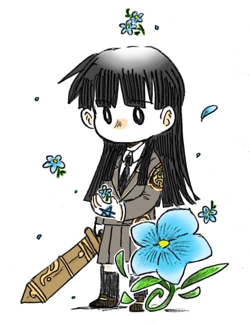 1girl black_eyes black_hair black_necktie blue_flower blunt_bangs blunt_ends chibi collared_shirt commentary_request donguri306 flower full_body hand_tattoo holding holding_sword holding_weapon long_hair looking_at_object necktie outline protagonist_2_(housamo) school_uniform shirt simple_background sketch solo star_tattoo sword tattoo thighhighs tokyo_afterschool_summoners weapon white_background white_outline white_shirt