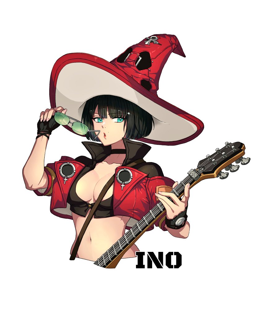1girl black_hair breasts cleavage ebi_pri_shrimp electric_guitar fingerless_gloves gloves green-tinted_eyewear green_eyes guilty_gear guilty_gear_strive guitar hat i-no instrument large_breasts lips looking_at_viewer mole mole_above_mouth red_headwear red_leather short_hair tinted_eyewear upper_body venus_symbol witch_hat