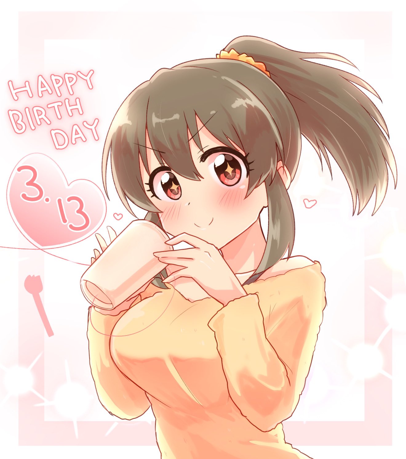 1girl alternate_costume birthday blush border bra_strap breasts brown_hair closed_mouth commentary_request cup dated dot_nose english_text eyelashes hair_between_eyes hair_ornament hair_scrunchie hands_up happy_birthday heart high_ponytail highres holding holding_cup hori_yuko idolmaster idolmaster_cinderella_girls large_breasts long_bangs looking_at_viewer medium_hair off-shoulder_sweater off_shoulder outside_border parted_bangs pink_border ponytail red_eyes scrunchie sidelocks smile solo sparkling_eyes split_mouth spork straight_hair string string_phone sweater tong_(freedom2000) upper_body v-neck yellow_scrunchie yellow_sweater