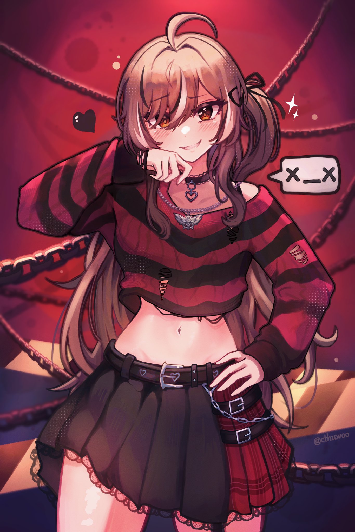 1girl ahoge belt belt_chain black_choker black_skirt black_sweater blush brown_eyes brown_hair chain chain_necklace choker cthuwoo emo_fashion grin hair_over_one_eye hand_on_own_hip hand_up heart heart_choker highres hololive hololive_english jewelry lace-trimmed_choker lace_trim long_hair looking_at_viewer midriff multicolored_hair nanashi_mumei nanashi_mumei_(4th_costume) navel necklace one_side_up plaid plaid_skirt pleated_skirt red_background red_skirt red_sweater skirt smile streaked_hair striped_clothes striped_sweater sweater two-tone_sweater very_long_hair virtual_youtuber x_x