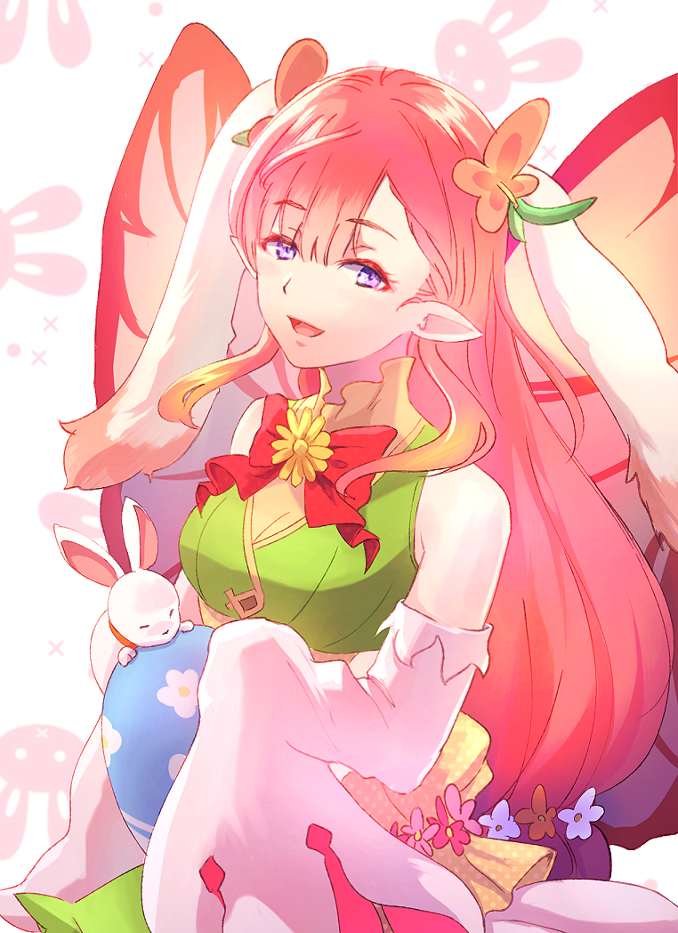 1girl :d animal_ears bare_shoulders easter egg fairy fairy_wings fake_animal_ears fire_emblem fire_emblem_heroes green_skirt mirabilis_(fire_emblem) mirabilis_(spring)_(fire_emblem) official_alternate_costume open_mouth pink_hair pointy_ears purple_eyes rabbit rabbit_ears riou_(pooh920) skirt sleeves_past_fingers sleeves_past_wrists smile solo very_long_sleeves wings