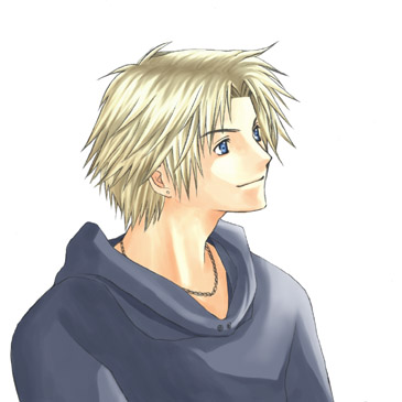 1boy alternate_costume bad_id blonde_hair blue_eyes casual chain_necklace earrings final_fantasy final_fantasy_x hood hood_down hoodie jewelry looking_to_the_side lowres male_focus necklace rendezvous short_hair simple_background smile solo stud_earrings tidus upper_body white_background