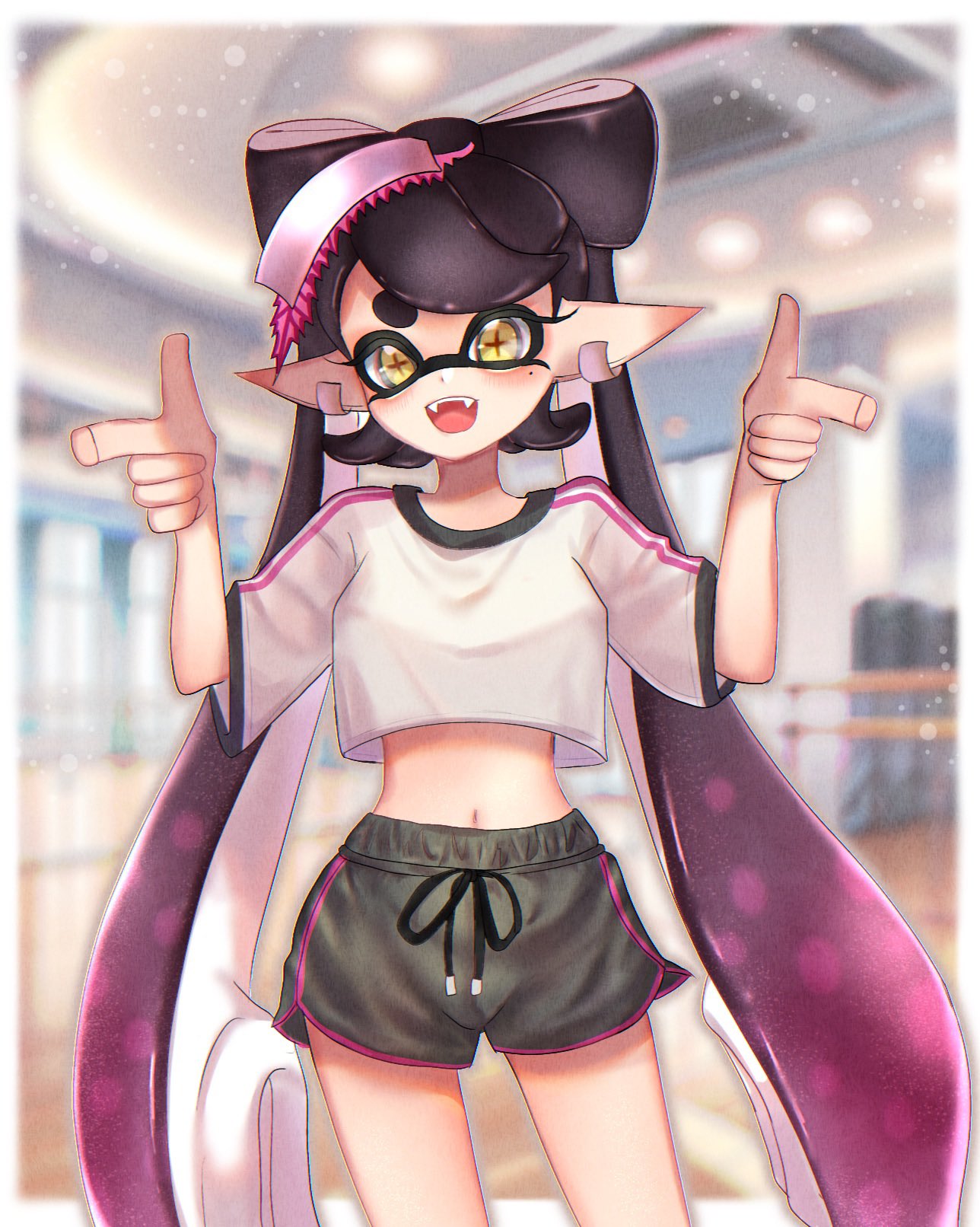 1girl black_hair black_shorts blurry blurry_background border bow-shaped_hair callie_(splatoon) commentary_request crop_top cropped_shirt double_finger_gun earrings eyelashes finger_gun food food_on_head highres hoop_earrings inkling jewelry long_hair looking_at_viewer navel object_on_head oniku_(onikuoekaki) open_mouth outside_border pink_hair pointy_ears shirt shorts smile solo splatoon_(series) standing star-shaped_pupils star_(symbol) sushi symbol-shaped_pupils teeth tentacle_hair thick_eyebrows upper_teeth_only very_long_hair white_border white_shirt yellow_eyes