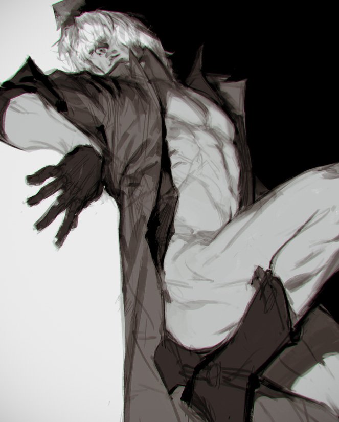 1boy abs coat covered_eyes dante_(devil_may_cry) devil_may_cry_(series) devil_may_cry_5 facial_hair fingerless_gloves gloves greyscale hair_over_eyes holding lips male_focus mature_male monochrome muscular muscular_male navel nose nude parted_lips pectorals photorealistic rae_(offrecord) realistic sketch solo solo_focus spot_color