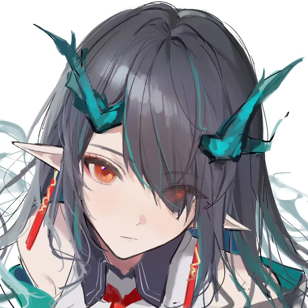 1girl aqua_hair arknights black_hair chinese_commentary close-up closed_mouth commentary_request dragon_girl dragon_horns dusk_(arknights) earrings expressionless eyes_visible_through_hair hair_over_one_eye horns jewelry long_hair looking_at_viewer multicolored_hair orange_eyes pointy_ears portrait shishan979_(seleneebai) simple_background sketch solo streaked_hair white_background