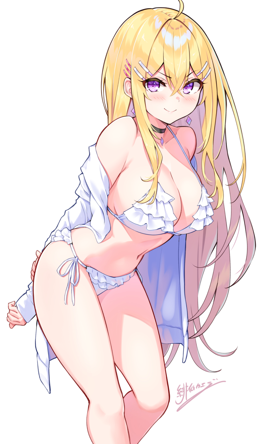 artist_name bikini blonde_hair breasts cleavage cu-no food hair_ornament hairclip hakurei_botan halterneck highleg highleg_bikini highres hisen_kaede ice_cream layered_bikini looking_at_viewer naughty_face o-ring o-ring_bikini o-ring_bottom original palm_leaf purple_eyes scrunchie soft_serve stomach strapless strapless_bikini string_bikini swimsuit white_background white_bikini wrist_scrunchie