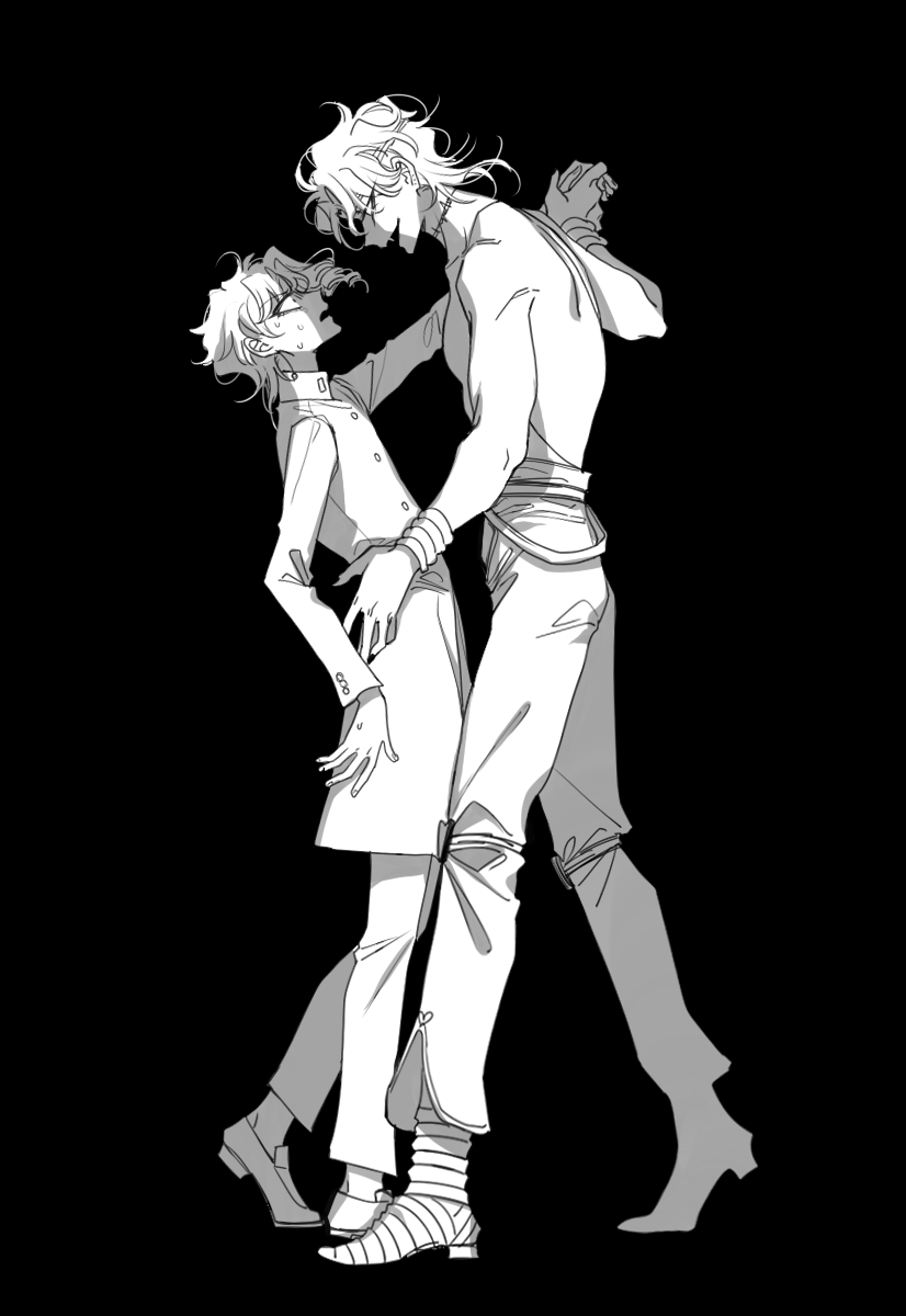 2boys artistic_error birthmark commentary_request constricted_pupils dio_brando earrings fangs gakuran greyscale hand_grab height_difference highres jewelry jojo_no_kimyou_na_bouken kakyoin_noriaki knee_pads male_focus monochrome multiple_boys nervous_sweating scar scar_on_neck school_uniform sempon_(doppio_note) stardust_crusaders sweat topless_male yaoi