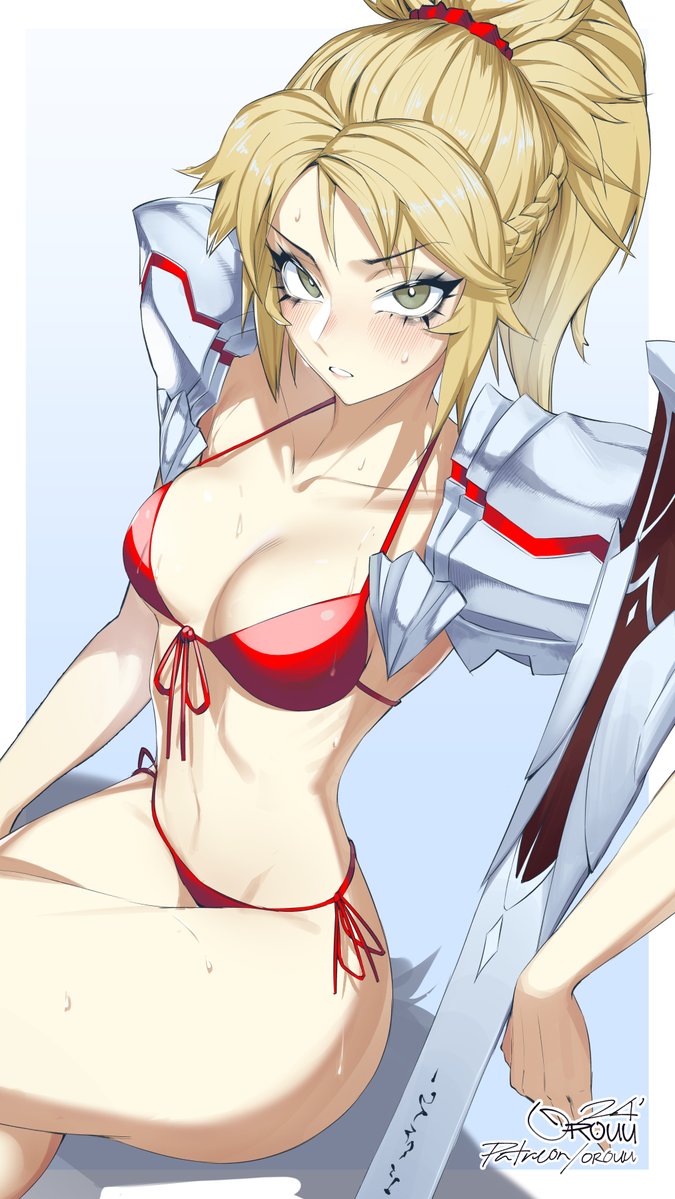 1girl adapted_costume armor bikini blonde_hair braid clarent_(fate) crossed_legs crown_braid dated fate_(series) green_eyes mordred_(fate) orouu planted planted_sword ponytail red_bikini shoulder_armor signature sitting solo swimsuit sword weapon