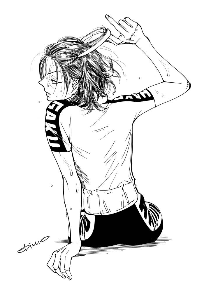 1boy bangs_pinned_back black_hair black_shorts expressionless from_behind greyscale hand_on_floor hand_to_head leaning_to_the_side looking_to_the_side male_focus medium_hair mojisan_(ebimo) monochrome short_sleeves shorts simple_background sitting solo sportswear sweatdrop toudou_jinpachi unworn_hairband upper_body white_background yowamushi_pedal