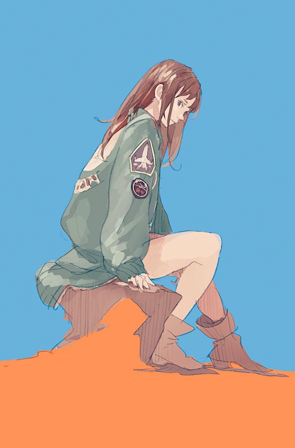 1girl bare_legs blue_background boots brown_eyes brown_footwear brown_hair closed_mouth emblem full_body green_jacket jacket long_hair long_sleeves looking_at_viewer original pomodorosa rock sidelocks sideways_glance simple_background sitting sleeves_past_wrists solo