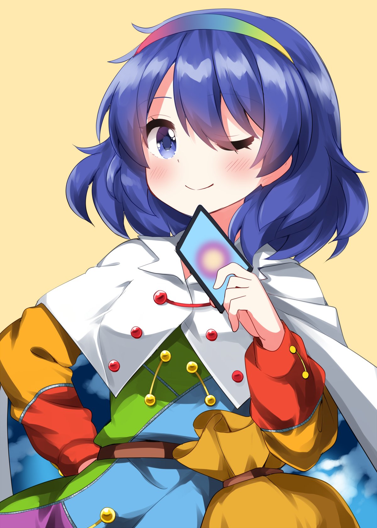 1girl blue_eyes blue_hair cape card hairband highres holding holding_card long_sleeves looking_at_viewer multicolored_clothes multicolored_hairband one_eye_closed puffy_long_sleeves puffy_sleeves ruu_(tksymkw) short_hair sky_print smile solo tenkyuu_chimata touhou upper_body white_cape