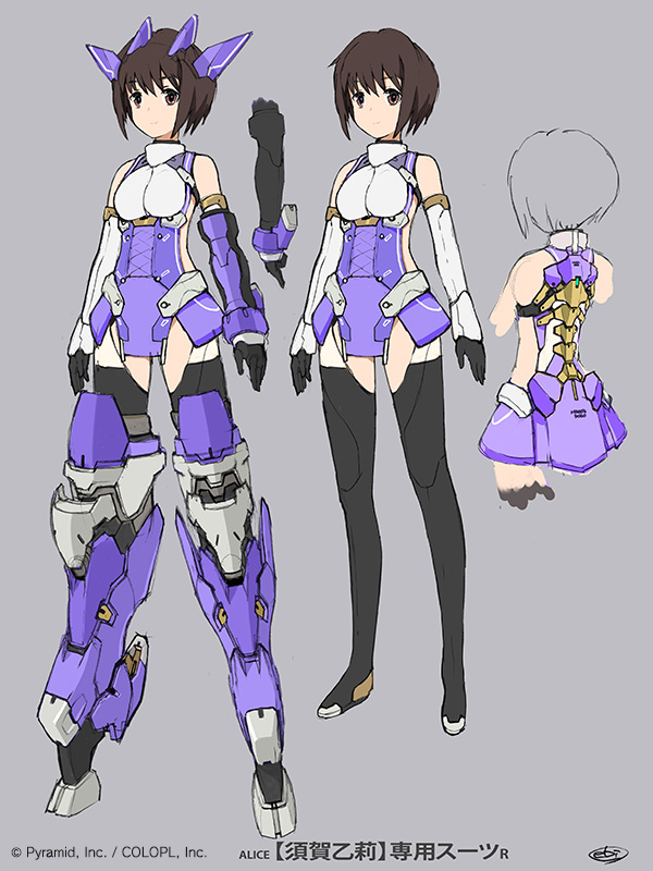 1girl alice_gear_aegis bare_shoulders black_footwear black_thighhighs boots breasts brown_eyes brown_hair clothes_on/clothes_off ebikawa_kanetake elbow_gloves full_body gloves grey_background headgear mecha_musume mechanical_legs pelvic_curtain reference_sheet short_hair simple_background skirt solo standing suga_itsuri thigh_boots thighhighs variations zettai_ryouiki