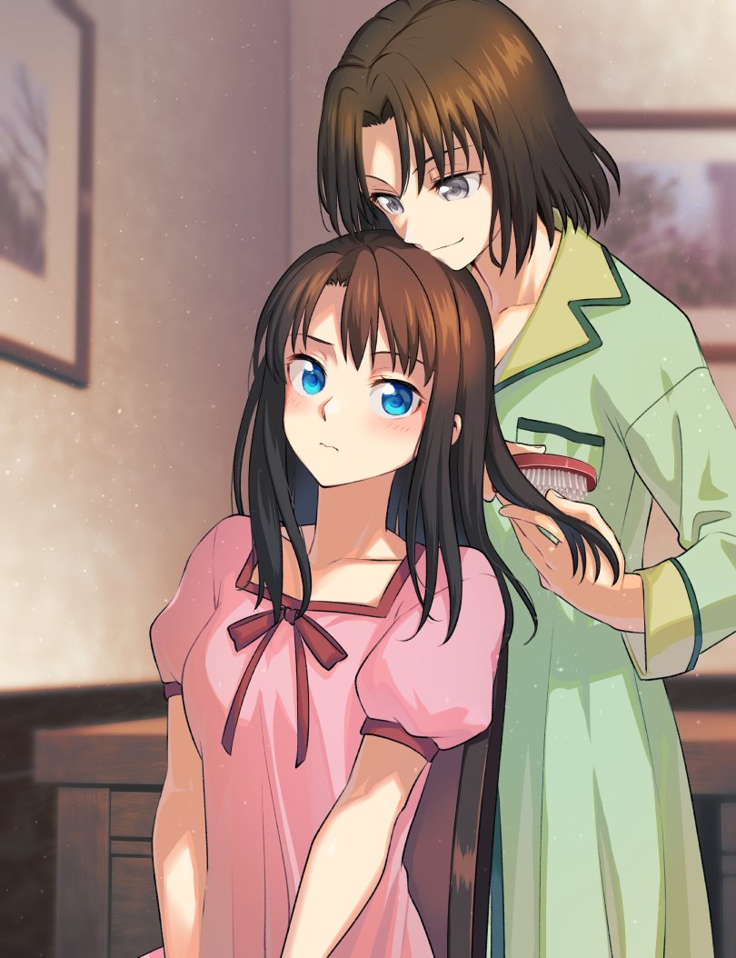 2girls blue_eyes blush brown_hair brushing_another's_hair brushing_hair green_pajamas grey_eyes hair_brush hairdressing holding holding_another's_hair holding_brush holding_hair holding_hair_brush kara_no_kyoukai kokutou_azaka long_hair multiple_girls niina_ryou pajamas pink_pajamas ryougi_shiki short_hair smile yuri