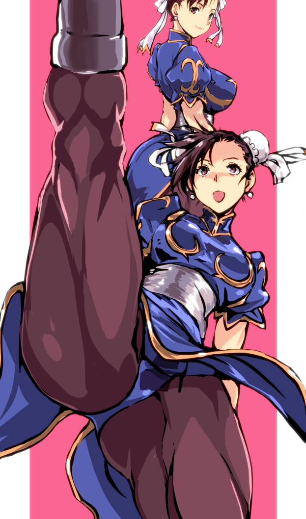 1girl ass axe_kick blue_dress boots bracelet breasts brown_eyes brown_hair brown_pantyhose bun_cover china_dress chinese_clothes chun-li clothes_lift commentary_request double_bun dress dress_lift earrings flexible gold_trim hair_bun jewelry kamisimo_90 medium_breasts multiple_views pantyhose pelvic_curtain puffy_sleeves sash short_sleeves smile spiked_bracelet spikes split standing standing_on_one_leg standing_split street_fighter thighs